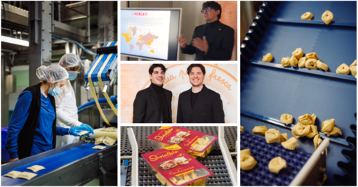 Raddoppia lo stabilimento di Lonate Ceppino dello Scoiattolo: al centro dall'alto Matteo Di Caro vicino ai paesi del mondo in cui arrivano ravioli e pasta fresca varesini, quindi con il fratello Max Di Caro, dg dell'azienda, e a destra i tortelloni in produzione