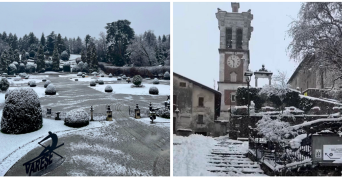I Giardini Estensi imbiancati (foto Comune di Varese) e il Sacro Monte immerso in una magica atmosfera (foto Livio Lonati)