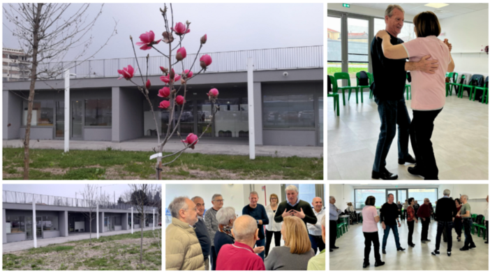La magnolia all'ingresso del nuovo centro anziani di piazzale Kennedy che verrà inaugurato a giorni e i balli di ieri che hanno accolto la visita del sindaco Galimberti e dell'assessore Molinari
