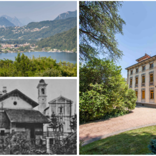Villa Toletti, a destra, e la veduta sul Ceresio. Qui sopra l’antica stazione ferroviaria di proprietà del Comune di Cadegliano in una foto storiuca