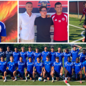 La nuova e ambiziosa Varesina: sopra da sinistra l'attaccante Stefano Banfi, il ds Andrea Scandola, il dg Max Di Caro, il tecnico Daniele Angellotti e il patron Lino Di Caro al campo di Cairate per la preparazione pre campionato