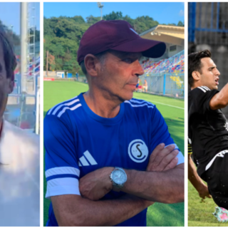 Claudio Mlanese e Roberto Gatti, patron e tecnico della Solbiatese, e Manicone della Varesina (foto Varesina Calcio)