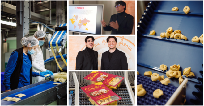 Raddoppia lo stabilimento di Lonate Ceppino dello Scoiattolo: al centro dall'alto Matteo Di Caro vicino ai paesi del mondo in cui arrivano ravioli e pasta fresca varesini, quindi con il fratello Max Di Caro, dg dell'azienda, e a destra i tortelloni in produzione