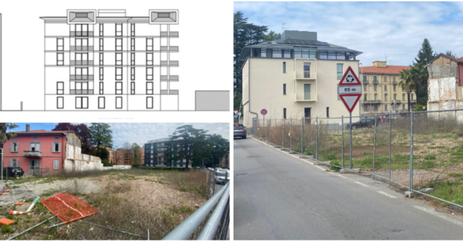 In via Lazio dietro al Faro e a un passo da largo Flaiano su quest'area sorgerà un complesso residenziale con spazio commerciale al piano terra. In alto a sinistra il disegno della nuova palazzina