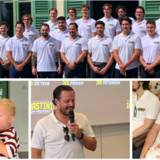 I Mastini sono davvero una famiglia che cresce: sopra la squadra alla Villa Napoleonica per la presentazione, sotto da sinistra Marcello Borghi e Alessio Piroso in versione papà con capitan Andrea Vanetti che lo sarà a breve