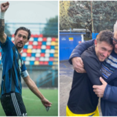 Denni Scapinello torna alla Solbiatese. A sinistra nella foto di Samuele Lucchi e a destra con Fabio Vanetti, papà del capitano dei Mastini dell'hockey e suo grande tifoso