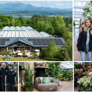 Casa Agricola, una meraviglia incastonata nel panorama a Bodio tra verde, lago, colline e il Campo dei Fiori. A destra Giacomo Brusa con i figli Gabriele, che gestirà il nuovo store, e Giulia. Sotto l'inaugurazione con il sindaco di Bodio, Eleonora Paolelli, e i dipendenti (Foto Galbiati)