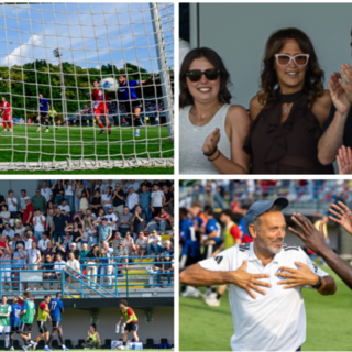 Il patron Claudio Milanese applaude in tribuna (in alto a destra) in un Chinetti impazzito di gioia con oltre mille spettatori. Qui sopra il balletto di mister Gatti con Monteiro Barbosa e, in cima a sinistra, il gol del 2-0 di pura rabbia, fame e potenza di Puka  (foto Alessandro Umberto Galbiati)