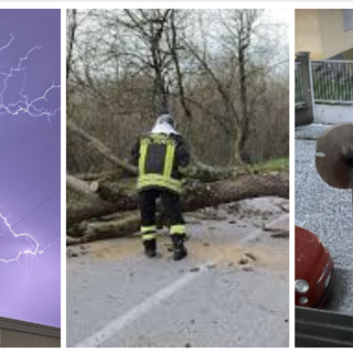 Da sinistra: il temporale di ieri sera nel Varesotto, un vigile del fuoco al lavoro in un'immagine d'archivio e la grandine caduta ieri nel Saronnese