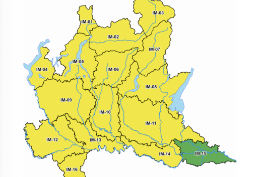 La mappa con l'allerta gialla della Protezione civile per temporali tra oggi e domani su quasi tutta la Lombardia