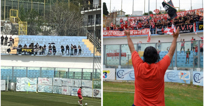 OGGI E IERI - Il settore ospiti di Sanremo di oggi, occupato da una trentina di fedelissimi, e quello pieno di 300 cuori biancorossi per la vittoria dei playoff nel maggio 2022 (foto Ezio Macchi anche sotto in gallery) che sembrava poter aprire le porte della serie C