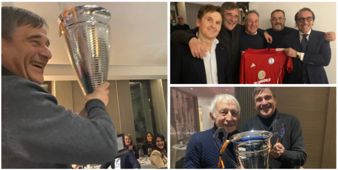 Claudio Milanese con la Coppa e, a sinistra in alto, con Pivetta, Barban, Autovino e Filograna, quindi con Aldo Cunati