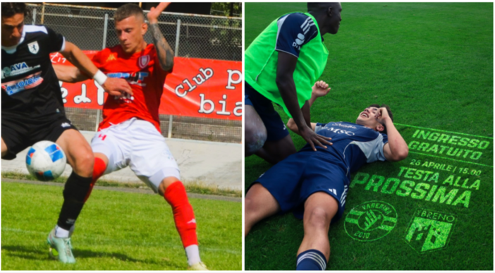 A sinistra Malinverno, varesino nel Varese (foto Ezio Macchi), e a destra Valisena e Baud Banaga della Varesina (foto Varesina Calcio)