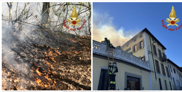 A sinistra: sottobosco in fiamme a Corgeno. A destra: vigili del fuoco al lavoro a Cuasso