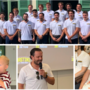 I Mastini sono davvero una famiglia che cresce: sopra la squadra alla Villa Napoleonica per la presentazione, sotto da sinistra Marcello Borghi e Alessio Piroso in versione papà con capitan Andrea Vanetti che lo sarà a breve