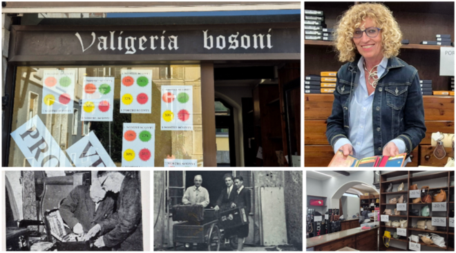 Valigeria Bosoni in via Rossini e, accanto, Valeria Bosoni. Sotto Luigi e Cesare Bosoni in quella che è una delle prime botteghe artigianali varesine. Più a destra l'interno del negozio odierno