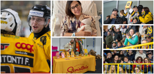 Al centro Delia Antognazza, medico dei Mastini, con la piccola Olimpia; a sinistra Pippo Matonti con Alex Bertin, due muri gialloneri; qui sopra il banchetto dello Scoiattolo che ha regalato ravioli al pubblico; a destra alcuni volti della passione giallonera (foto Alessandro Umberto Galbiati)