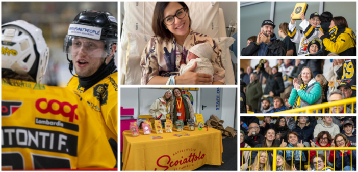 Al centro Delia Antognazza, medico dei Mastini, con la piccola Olimpia; a sinistra Pippo Matonti con Alex Bertin, due muri gialloneri; qui sopra il banchetto dello Scoiattolo che ha regalato ravioli al pubblico; a destra alcuni volti della passione giallonera (foto Alessandro Umberto Galbiati)