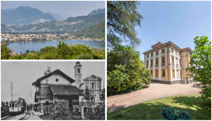 Villa Toletti, a destra, e la veduta sul Ceresio. Qui sopra l’antica stazione ferroviaria di proprietà del Comune di Cadegliano in una foto storiuca