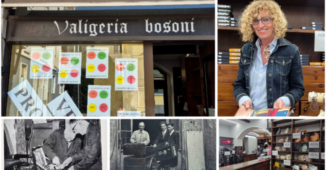 Valigeria Bosoni in via Rossini e, accanto, Valeria Bosoni. Sotto Luigi e Cesare Bosoni in quella che è una delle prime botteghe artigianali varesine. Più a destra l'interno del negozio odierno