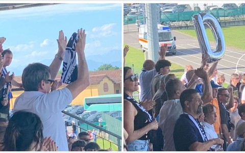 Il patron Milanese risponde all'ovazione dei tifosi nerazzurri che alzano una gigantesca D nel cielo