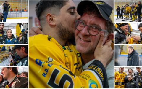 Saluto finale al palaghiaccio per i Mastini e per chi rappresenta l'amore più puro e incondizionato per i colori gialloneri (Foto Galbiati)