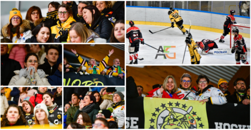 Terzago esulta nella culla di ghiaccio giallonera di via Albani (foto Alberto Bernasconi)