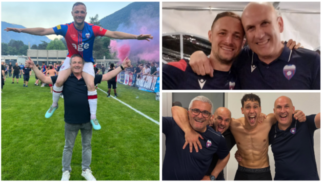 Donato Disabato sulle spalle di papà Michele, come dopo ogni promozione (e siamo a 7), a destra il team manager del Chiasso Stefano Pertile con Disa e poi in festa negli spogliatoi (foto FC Chiasso) Donato Disabato sulle spalle di papà Michele, come dopo ogni promozione (e siamo a 7), a destra il team manager del Chiasso Stefano Pertile con Disa e poi in festa negli spogliatoi (foto FC Chiasso)