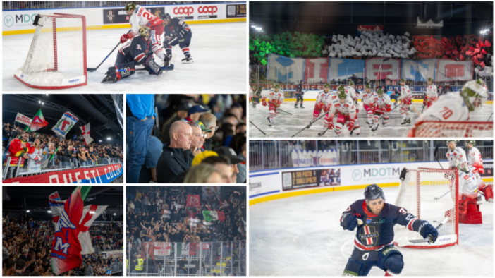 In alto a sinistra il gol di Schneider al 62’11” che ha deciso Milano-Bolzano, la curva rossoblù e quella bolzanina in uno spicchio della Fiera Ice Arena ma anche il coach dei Mastini Dave Rich (Foto Alessandro Umberto Galbiati) In alto a sinistra il gol di Schneider al 62’11” che ha deciso Milano-Bolzano, la curva rossoblù e quella bolzanina in uno spicchio della Fiera Ice Arena ma anche il coach dei Mastini Dave Rich (Foto Alessandro Umberto Galbiati)