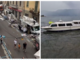 A sinistra: i danni del vento al mercato di Luino (foto da LuinoNotizie.it). A destra: i vigili del fuoco al lavoro per il natante incagliato sempre a Luino