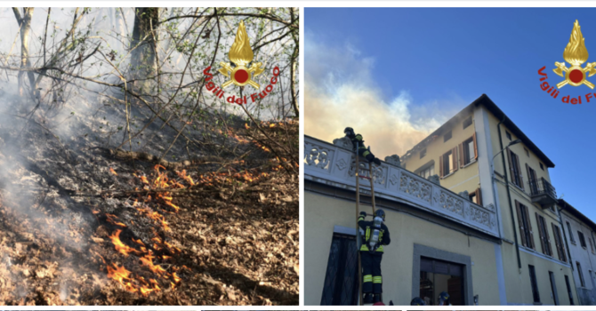 A sinistra: sottobosco in fiamme a Corgeno. A destra: vigili del fuoco al lavoro a Cuasso