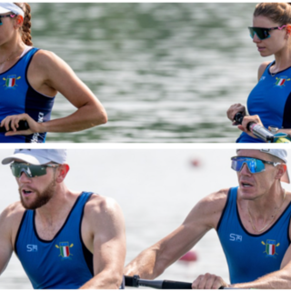 Qui sopra Alice Codato e Laura Meriano, Giovanni Codato e Matteo Lodo sul podio europeo con il due senza femminile e maschile (foto canottaggio.org)