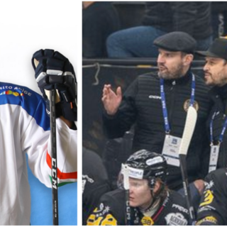 Larkin, a sinistra, e Raimondi a destra in panchina con capitan Vanetti. Sotto in gallery Thomas ed Edo nelle foto Bernasconi e Galbiati