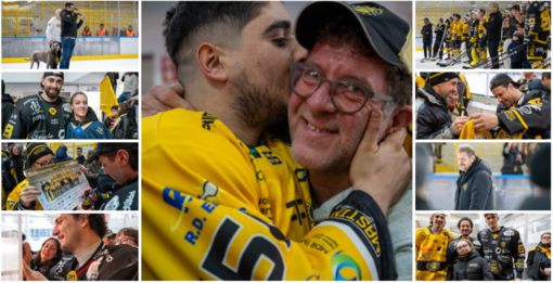 Saluto finale al palaghiaccio per i Mastini e per chi rappresenta l'amore più puro e incondizionato per i colori gialloneri (Foto Galbiati)