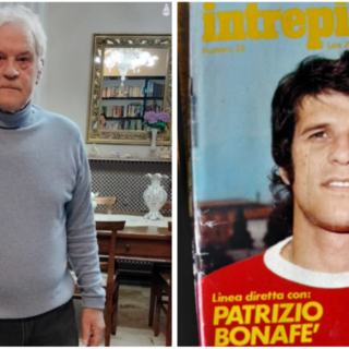 Patrizio Bonafè, 76 anni il 19 marzo, a destra in maglia biancorossa intervistato da Enzo Tortora sull'Intrepido