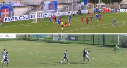 Sopra il "fallo di confusione" nell'area del Pavia che porta all'inverosimile rigore del 2-2, sotto il paradossale tiro dal dischetto assegnato alla Casatese dopo un contrasto a 2-3 metri dall'area Sopra il "fallo di confusione" nell'area del Pavia che porta all'inverosimile rigore del 2-2, sotto il paradossale tiro dal dischetto assegnato alla Casatese dopo un contrasto a 2-3 metri dall'area