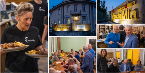 Inaugurato ieri sera il Cresta Alta, locale che nell'ex Circolo di San Fermo in via Brennero punta su galletto alla brace e birra artigianale. Qui sopra a destra nella seconda foto il sindaco Galimberti con il presidente della Cooperativa di Valle Olona, Luigi Vanetti, e più in basso con il vicesindaco Perusin, l'assessore Malerba e Luisa Oprandi