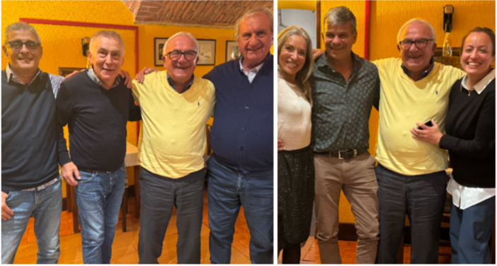 A sinistra Chicco Prati tra Vito de Lorentiis, Ernestino Ramella e Mario Grotto, amici di tante avventure in biancorosso, e a destra con i figli A sinistra Chicco Prati tra Vito de Lorentiis, Ernestino Ramella e Mario Grotto, amici di tante avventure in biancorosso, e a destra con i figli