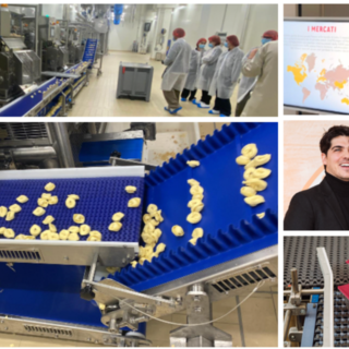 L'interno del nuovo stabilimento di Lonate Ceppino e, a destra dall'alto, Matteo e Max Di Caro con gli ultimi arrivati in casa Scoiattolo: i tortelli alla carbonara