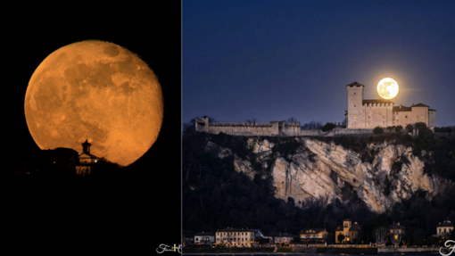 Un collage di due meraviglie: a sinistra la Superluna dietro al santuario di Santa Maria del Monte a Varese, a destra dietro la Rocca di Angera Un collage di due meraviglie: a sinistra la Superluna dietro al santuario di Santa Maria del Monte a Varese, a destra dietro la Rocca di Angera