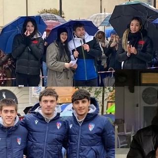 Nella foto: in alto la Uyba in piazza Santa Maria, sotto la rappresentanza dei giovani calciatori della Pro Patria e Anja Nella (Futura Volley) che vivrà le Olimpiadi nella sua Bormio