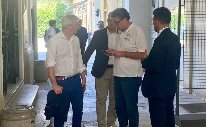 Galimberti e Giorgetti al termine del vertice sul calcio di oggi a Palazzo Estense