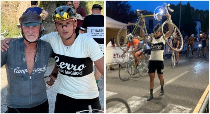Martino Caliaro con lo zio Stefano Pozzi all'Eroica. E poi alza la bici sul traguardo di Gaiole in Chianti Martino Caliaro con lo zio Stefano Pozzi all'Eroica. E poi alza la bici sul traguardo di Gaiole in Chianti