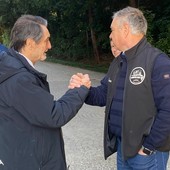 Attilio Fontana all'ingresso degli stati generali della salute questa mattina mentre saluta Rinaldo Ballerio di Elmec