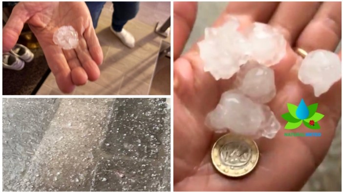 Dall'alto in senso orario i chicchi di grandine caduti al Sacro Monte (foto Livio Lonati) e a Leggiuno (foto NaturalMeteo)