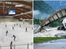 A sinistra la pista dell'Acinque Ice Arena, a destra il palaghiacico di Prato Sornico completamente distrutto