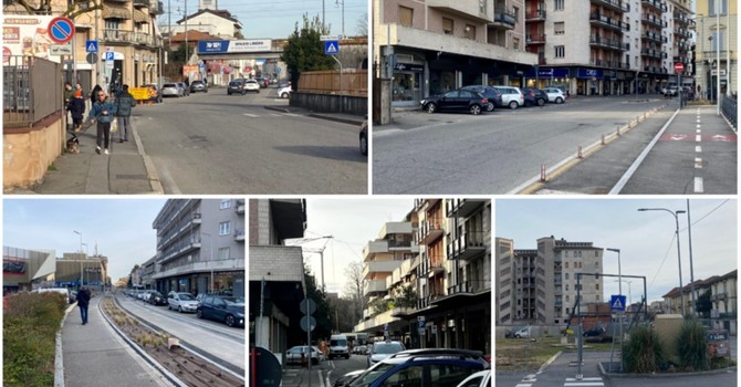 Dall'alto in senso orario: via Tonale e via Carcano, che diventeranno a doppio senso di marcia, poi l'area della stessa via Carcano dove sorgerà il complesso residenziale-commerciale con parcheggi, quindi via Cairoli che potrebbe essere percorribile a senso unico verso via Garibaldi e, infine, l'inizio di viale Belforte con la ciclopedonale