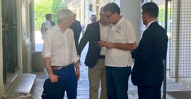 Galimberti e Giorgetti al termine del vertice sul calcio di oggi a Palazzo Estense