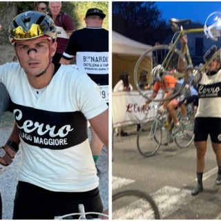 Martino Caliaro con lo zio Stefano Pozzi all'Eroica. E poi alza la bici sul traguardo di Gaiole in Chianti