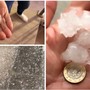 Dall'alto in senso orario i chicchi di grandine caduti al Sacro Monte (foto Livio Lonati) e a Leggiuno (foto NaturalMeteo)